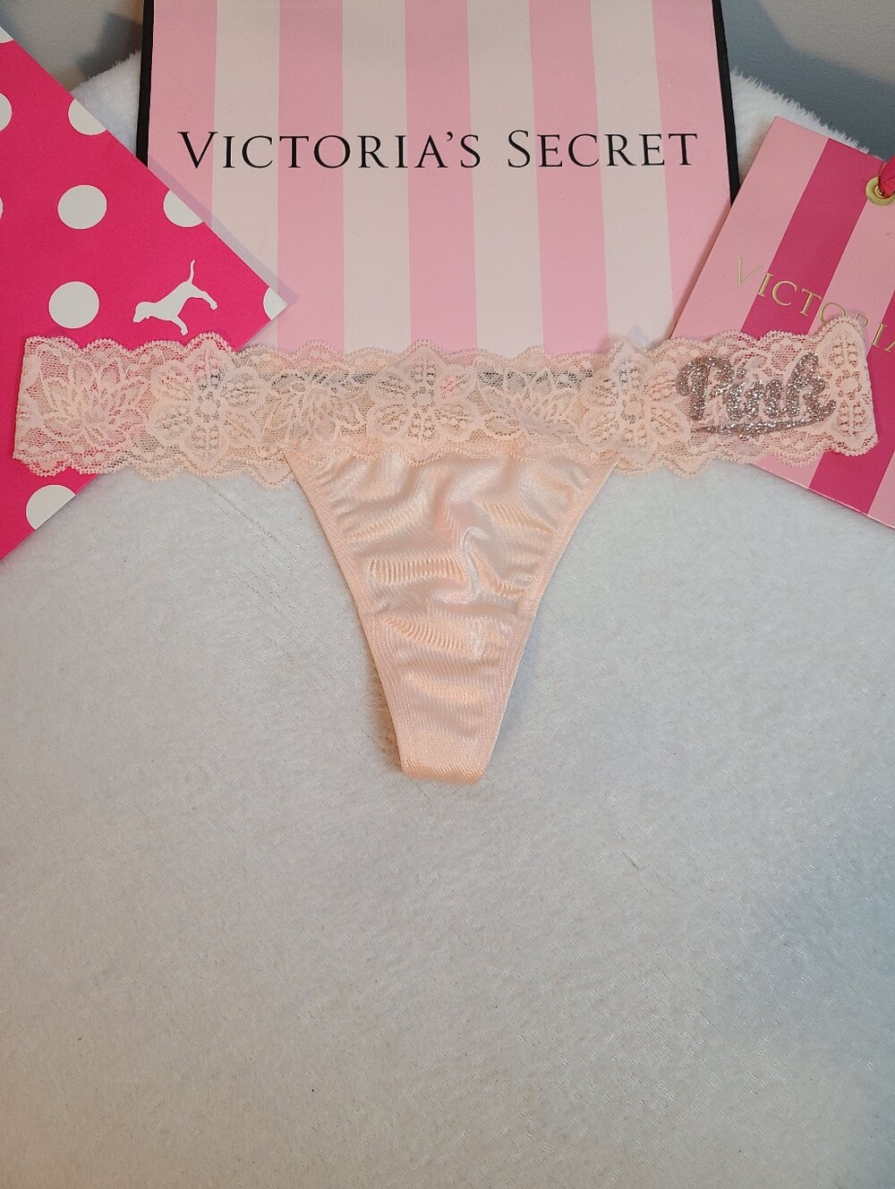 Rare Retired VS PINK Silky Satin Glitter Lace Waist Classic Thong Panty Size M